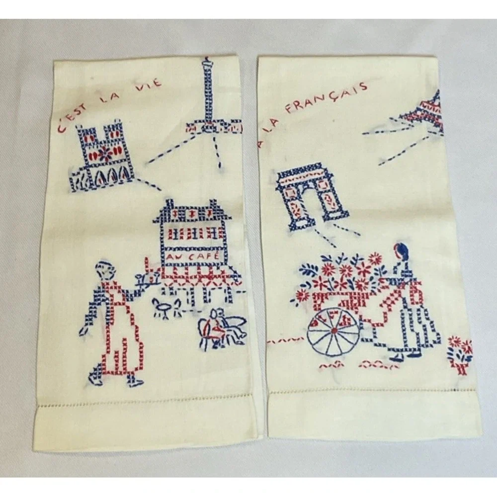 2 Vtg C’est La Vie Cross Stitch Hand Embroider Napkins Towels French Cottagecore
